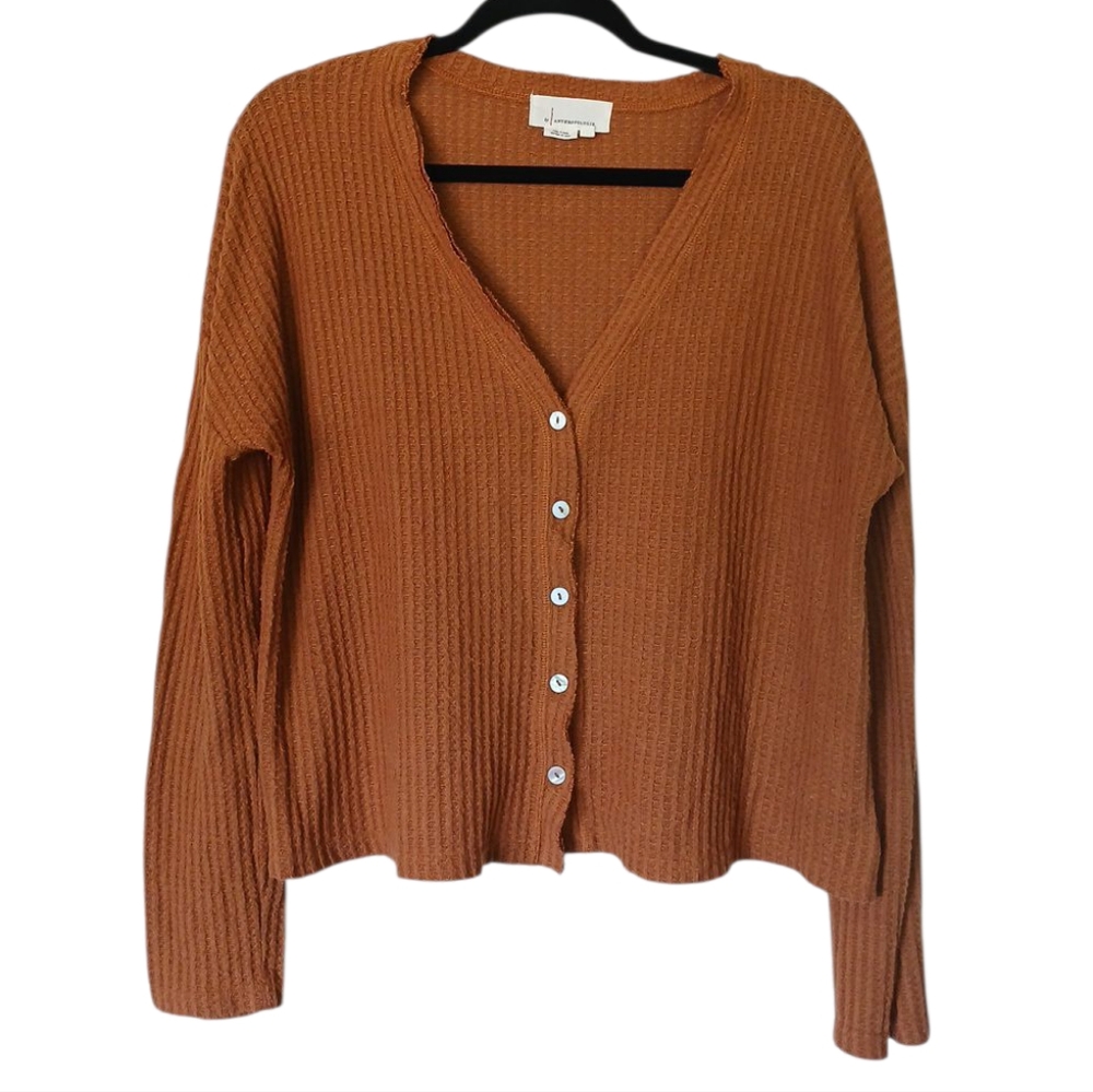 By Anthropologie Waffle Knit Ribbed Sweater Cardigan Rust Orange Medium